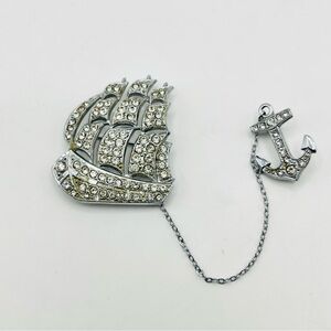 Vintage 1940s Clear Rhinestones Clipper Ship & Chain Anchor Brooch
